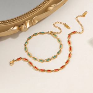 Retro gold titanium steel jewelry set featuring colorful oval enamel links and necklace
