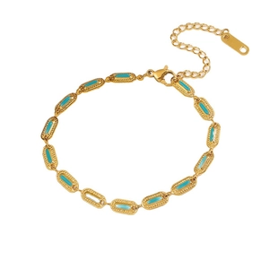 Gold chain bracelet with turquoise oval resin inlays and adjustable clasp closure