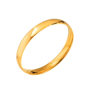 Polished 8mm gold stainless steel minimalist bangle bracelet shown at a 45-degree angle