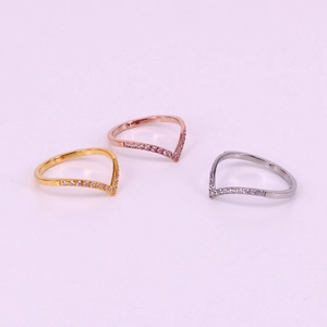 Modern V-shaped minimalist ring with micro-pave crystals in gold, rose gold and silver