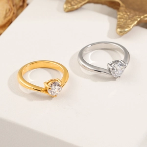 Minimalist titanium steel ring set with round solitaire zircon and elegant twisted band