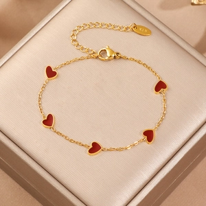 Elegant Heart Shaped Charm Bracelet Stainless Steel Red Enamel Gold Plated Adjustable Jewelry For Women