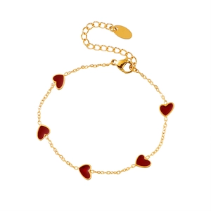 Chic gold-plated titanium steel bracelet with five red heart-shaped enamel charms