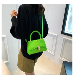 Detailed shot of green crocodile pattern handbag with woven handle and gold lock