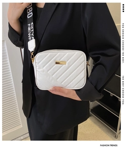 Close-up of white quilted crossbody bag with gold metal plaque and wide printed strap