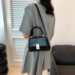 Classic black crocodile pattern handbag with woven handle and gold lock worn by model
