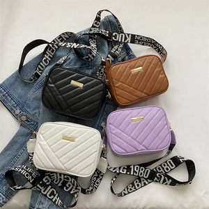 Women Fashion PU Leather Quilted Shoulder Bag Casual Wide Letter Strap Crossbody Camera Bag Small Square Handbag For Daily Use