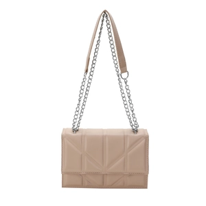 Classic beige quilted leather chain shoulder bag with elegant silver metal strap