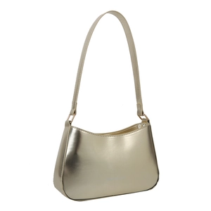 Minimalist glossy gold underarm bag with sleek metallic finish and shoulder strap