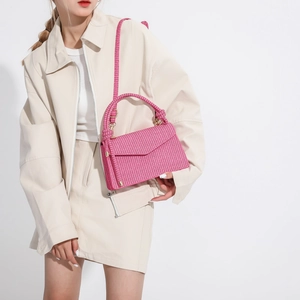 Rose pink woven texture handbag with triangle flap and adjustable shoulder strap for women