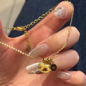 Schaukelpferd Anhänger Halskette Vergoldet Titanstahl Rhinestone Münze Charme Verstellbare Schlüsselbeinkette Damen Schmuck