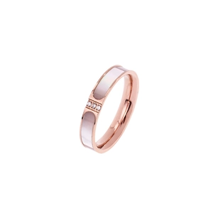 Rose gold titanium steel ring with white mother-of-pearl and three inlaid zircon stones