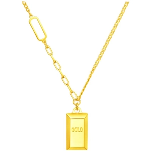 Asymmetric 18k gold plated necklace featuring a gold bar pendant with GOLD engraving