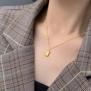 Gold Bar Pendant Necklace 18K Gold Plated Stainless Steel Asymmetrical Chain Minimalist Luxury Jewelry For Women Men