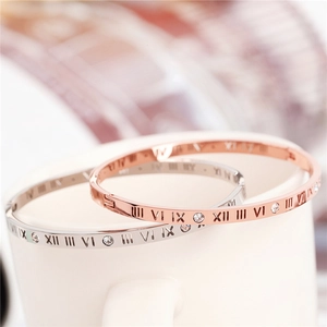 Roman numeral titanium steel bangles set with crystals in rose gold and silver finish