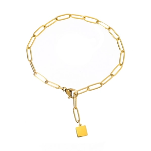 Bracelet chaîne trombone doré avec un pendentif carré poli en acier inoxydable