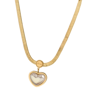 Gold plated heart pendant snake chain necklace with mother of pearl and Love engraving