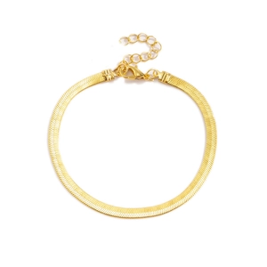 Detail of flat gold snake chain bracelet with adjustable lobster clasp on white background