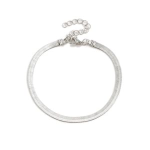 Detailed close-up of a silver flat snake bone chain bracelet with an adjustable lobster clasp
