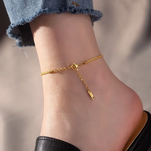 Sparkling 18k gold plated stainless steel wheat chain anklet for women on ankle