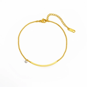 18K gold plated titanium steel bead anklet with a curved bar and sparkling zircon charm