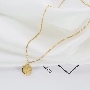 Collier en acier inoxydable doré avec pendentif rond orné du caractère chinois Fu