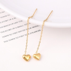 Minimalist Heart Ear Threaders Stainless Steel Long Chain Dangle Earrings Polished Gold Plated Jewelry For Women