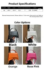 Guide des tailles montrant les dimensions du sac en PU et quatre coloris vibrants