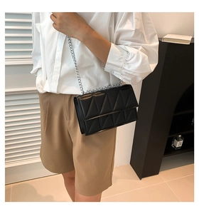 Detail of black quilted shoulder bag with silver chain strap and geometric stitching