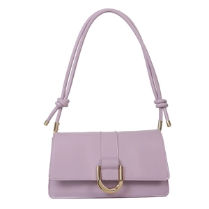Minimalist lilac leather shoulder bag with gold D-buckle closure and knotted strap