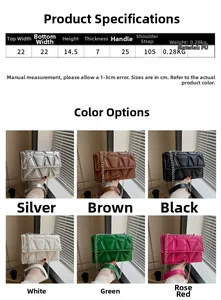Detailed size chart and color options for the quilted crossbody bag with chain strap