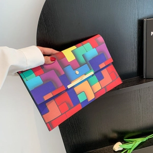 Multicolor Geometrische Blöcke Damen Umschlag Clutch Mode PU Leder Handtasche Mit Goldenem Metallschloss Pop Art Stil Party Tasche