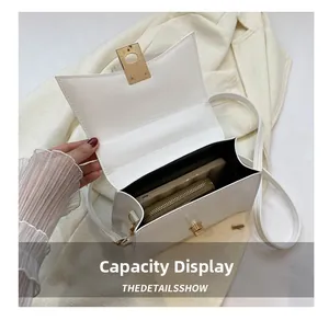 Capacity display of the white structured shoulder bag holding a phone and long wallet