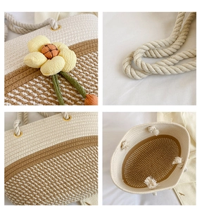 Vue détaillée du sac cabas tissé montrant la texture de coton et le décor floral