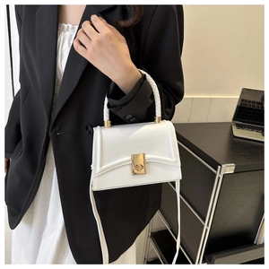 Detail of white structured handbag with gold lock and woven top handle on black blazer