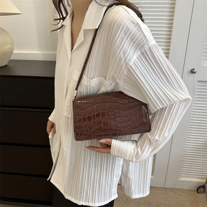 Brown crocodile pattern faux leather flap shoulder bag with gold hardware for women