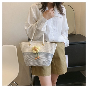 Détail d'un sac cabas tissé avec une breloque fleur jaune et des anses en corde blanche