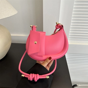 Women PU Leather Half Moon Hobo Shoulder Bag With Pouch Minimalist Solid Color Underarm Bag Knotted Strap Elegant Ladies Bag