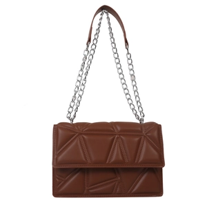 Caramel brown quilted crossbody chain bag with geometric embroidery and silver strap