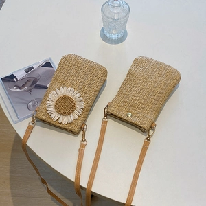 Borsa per Cellulare in Paglia Intrecciata da Donna Margherita Floreale Mini Borsa a Tracolla Estate Spiaggia Vacanza Stile Mori Cachi