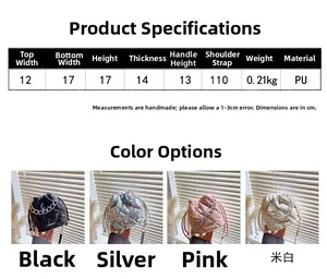 Detailed size chart and multi-color options for the quilted drawstring bucket bag