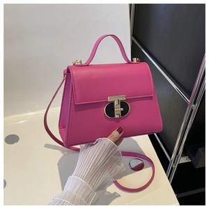 Close-up of magenta handbag featuring a structured design and a golden T-shaped metal lock
