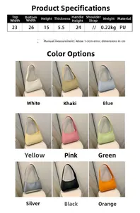 Detailed size chart and multi-color options for the minimalist PU leather shoulder bag