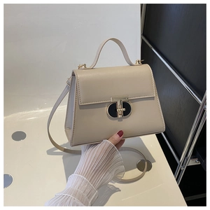 Detailed macro view of the cream-beige texture and golden metal buckle on the handbag