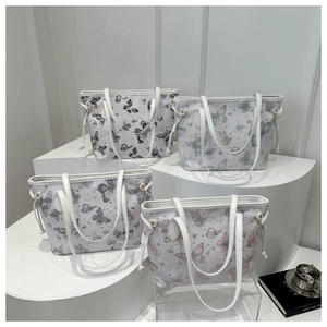 Butterfly Print Large Capacity Tote Bag PU Leather Side Drawstring Shoulder Bag Casual Fashion For Women