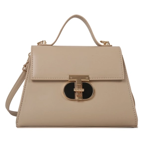 Elegant beige square handbag with gold metal T-lock and crossbody strap for women