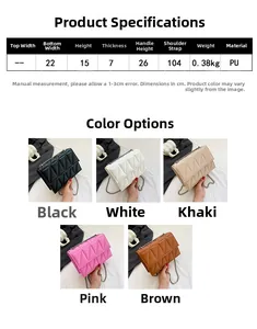 Size chart showing quilted crossbody bag dimensions in PU leather with chain strap details