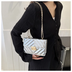 Detailed macro view of silver patent leather crossbody bag with golden chain and V-pattern