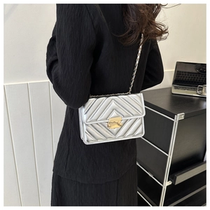 Silver quilted crossbody bag with chevron pattern and gold lock shown on model