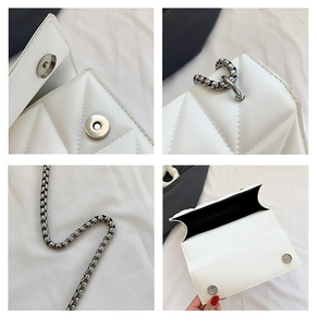 Detailed views of silver metal chain strap and magnetic snap on white quilted crossbody bag
